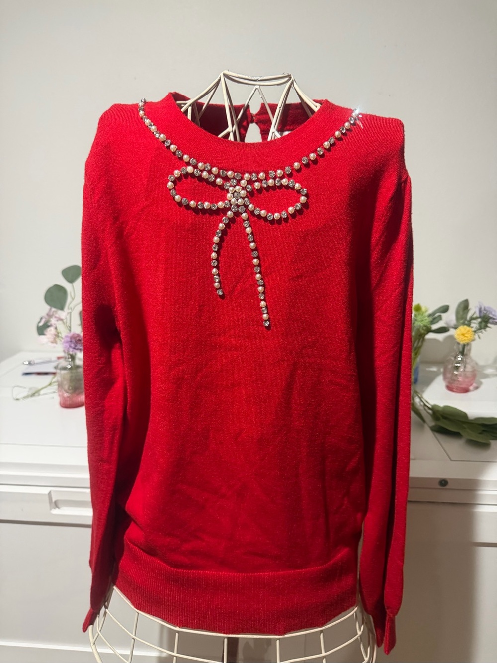 Liz Claiborne Red Crewneck Sweater with Crystal Bow Accent